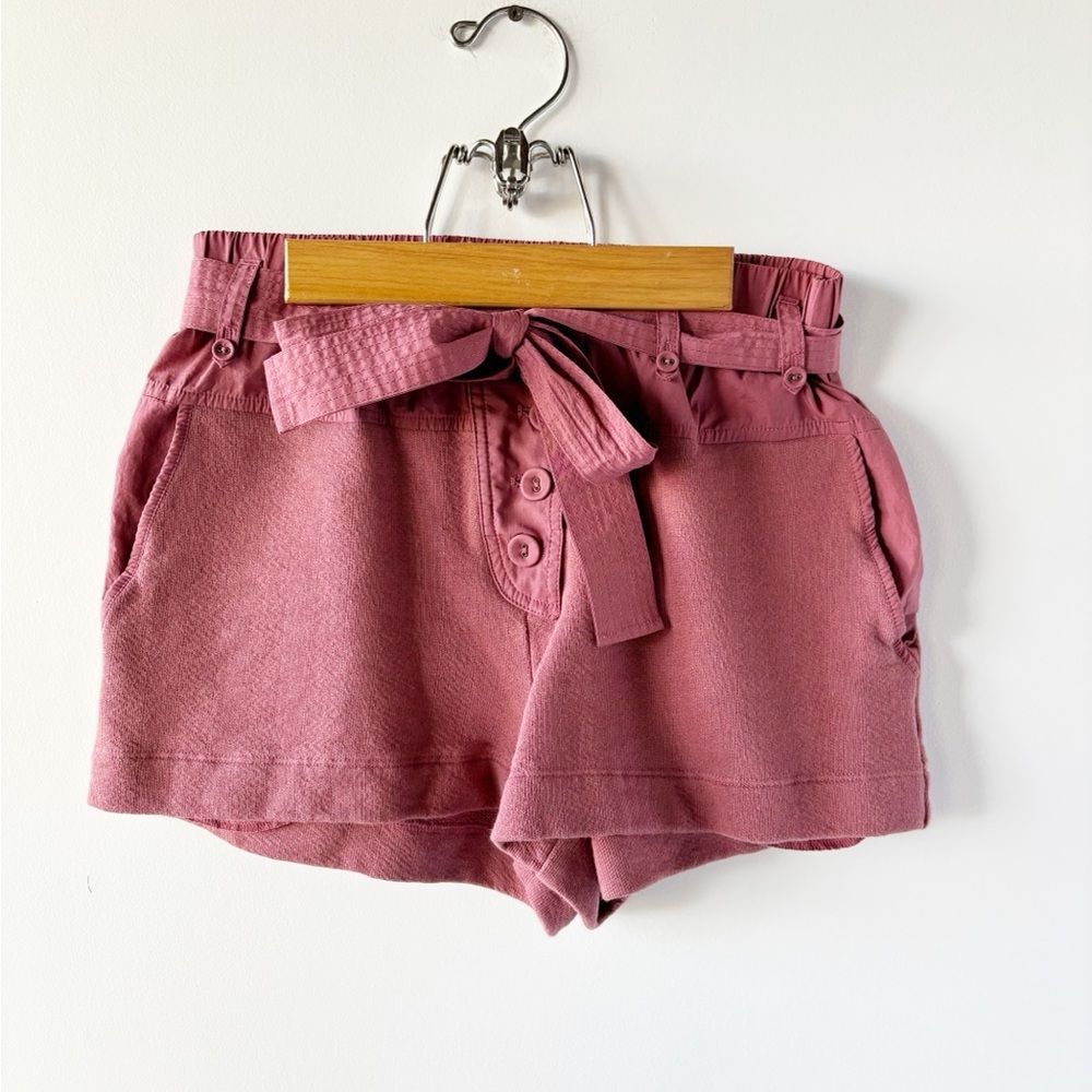 Ulla Johnson Pink Mauve Tie Paperbag Waist Button Fly Mixed Media Cotton Shorts